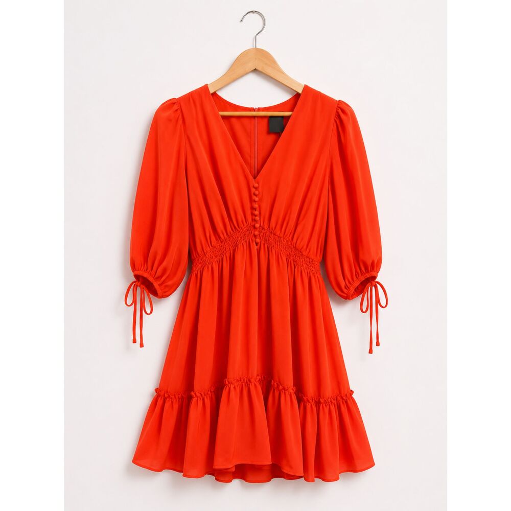 Taylor NWT Red Smocked Puff Sleeve Dress Size 12 | Tiered V-Neck Cocktail Holida